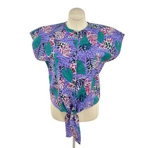 Vintage 90s Purple Leaf Print Boxy Blouse Tropical Cotton Tie Front Jaclyn Smith